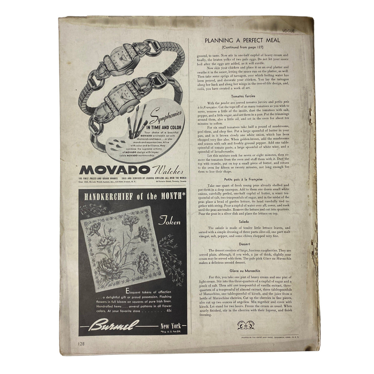 Back page advertisement from Vogue Magazine May 1, 1942 featuring Movado watch promotion and Burmel handkerchiefs, showcasing vintage advertising aesthetics.