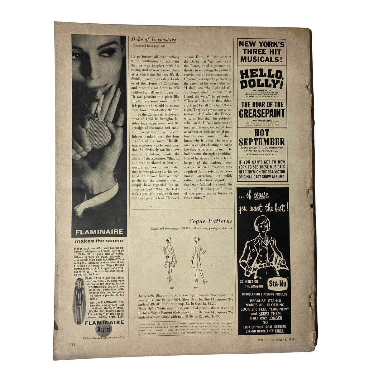 Full view of an interior page from Vogue Magazine November 1, 1965 featuring Brigitte Bauer cover by Irving Penn, including promotional content and vintage aesthetic elements.