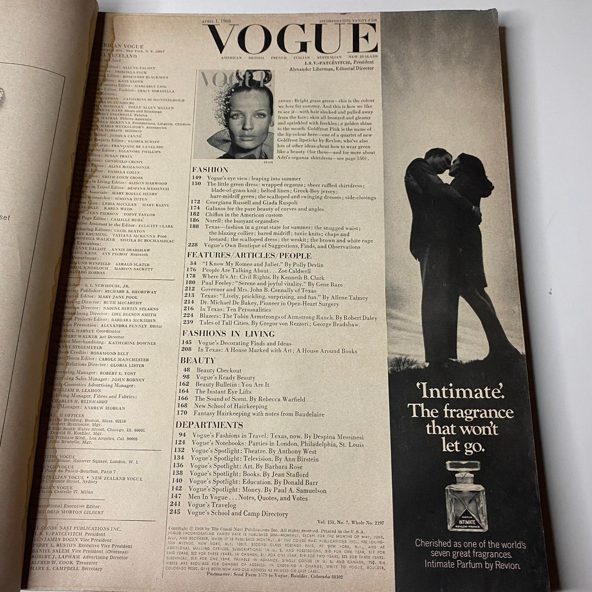 Table of Contents page from Vogue Magazine April 1, 1968 Veruschka Cover by Irving Penn, detailing featured articles and sections within the magazine.