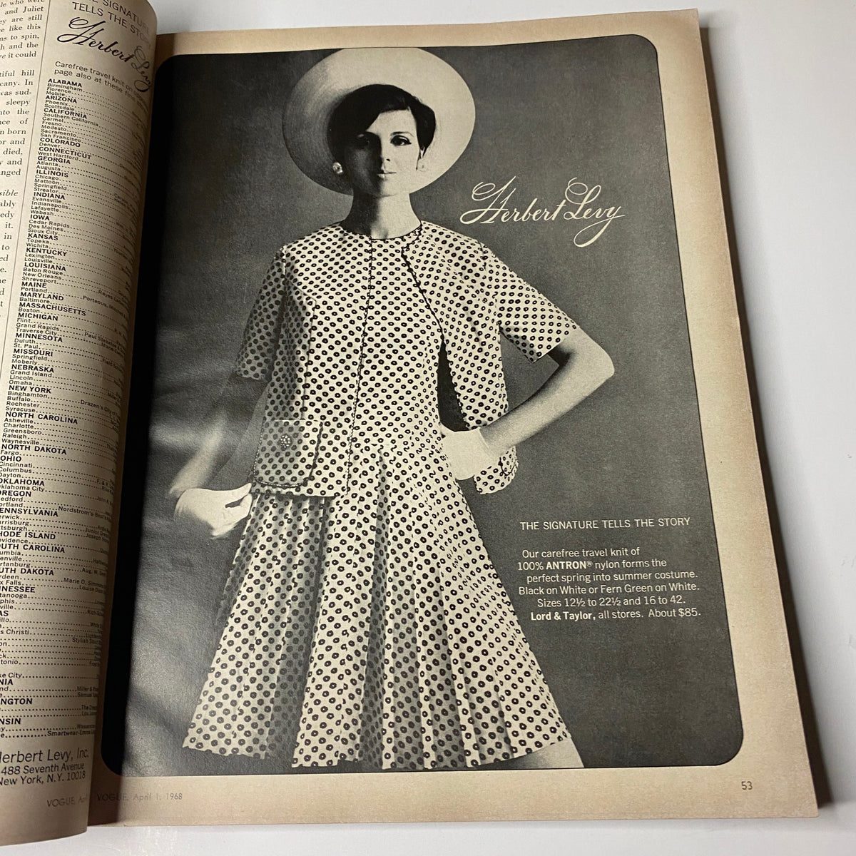 Vogue Magazine April 1, 1968 featuring an advertisement for Herbert Levy with a model in a polka dot dress.