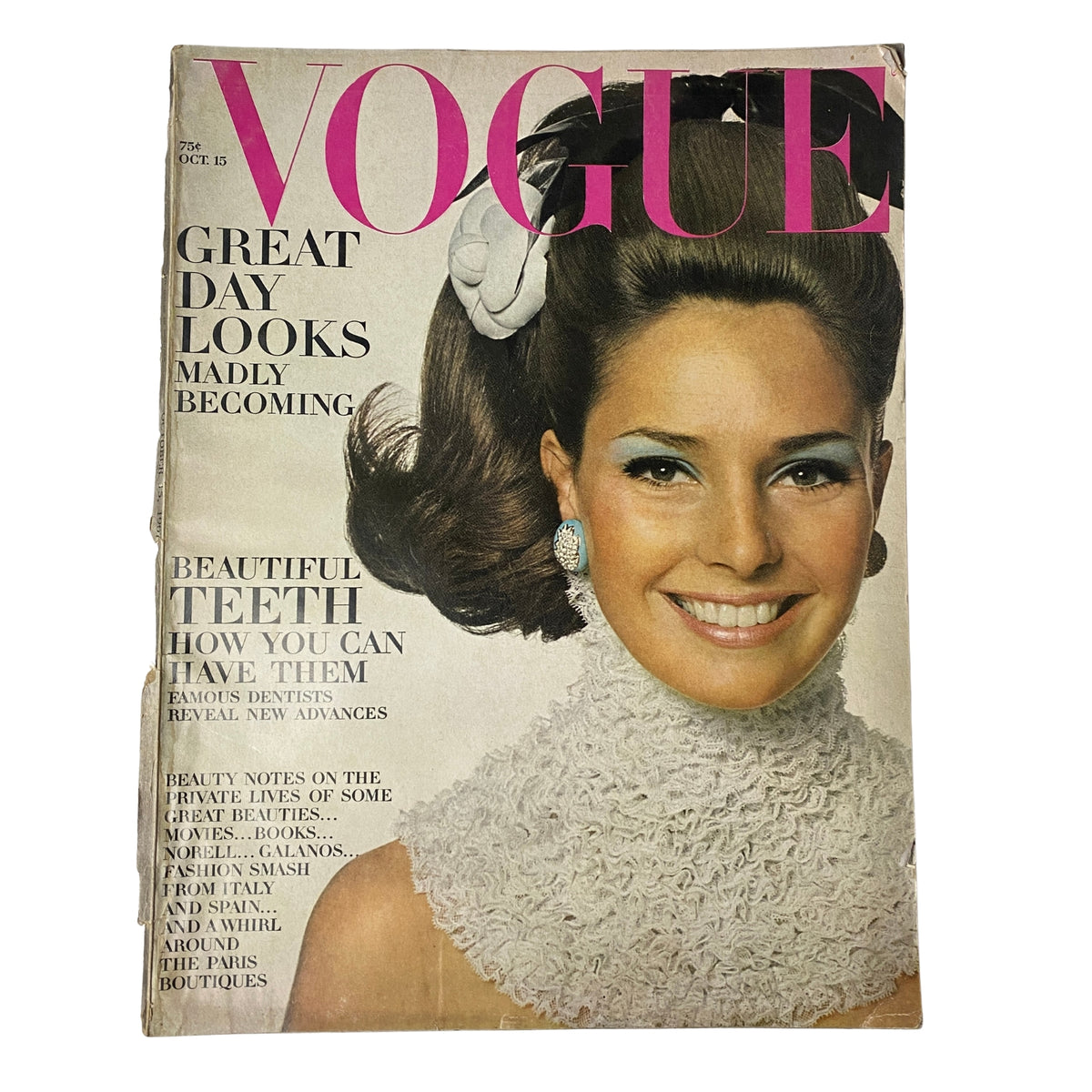 Vintage Vogue magazine cover from October 15, 1967, featuring Jennifer O'Neill, photographed by David Bailey. The cover highlights topics such as 'Great Day Looks Madly Becoming' and 'Beautiful Teeth: How You Can Have Them.' This collectible issue showcases classic late-1960s fashion and beauty trends.