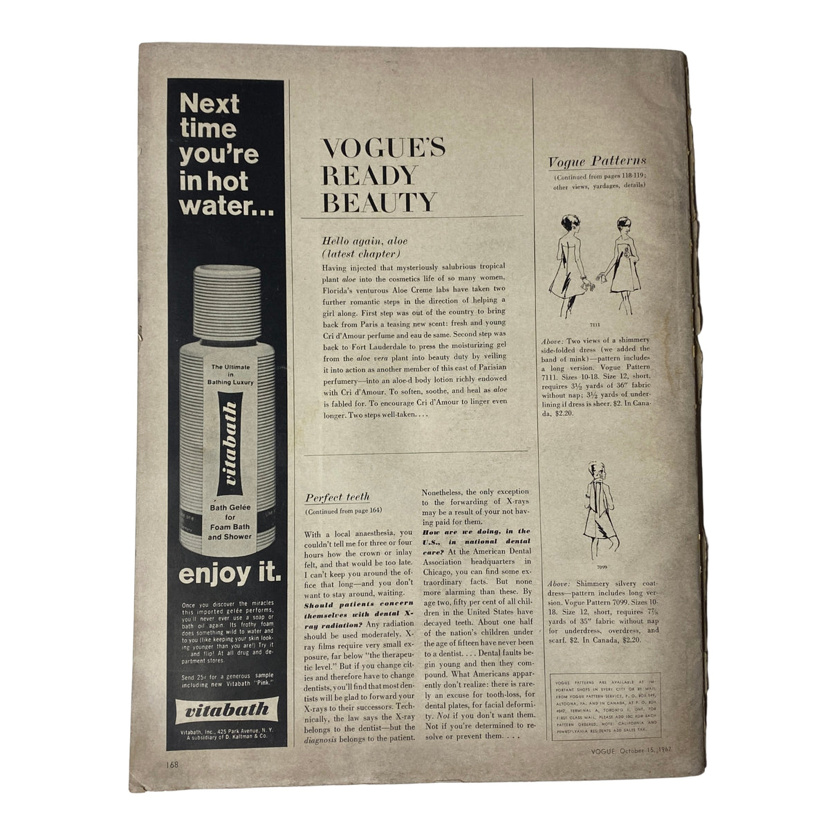 Interior page of Vogue Magazine October 15, 1967, containing an advertisement for Vitabath's rain gel for foam baths, featuring a product image and a clear, minimalist layout.