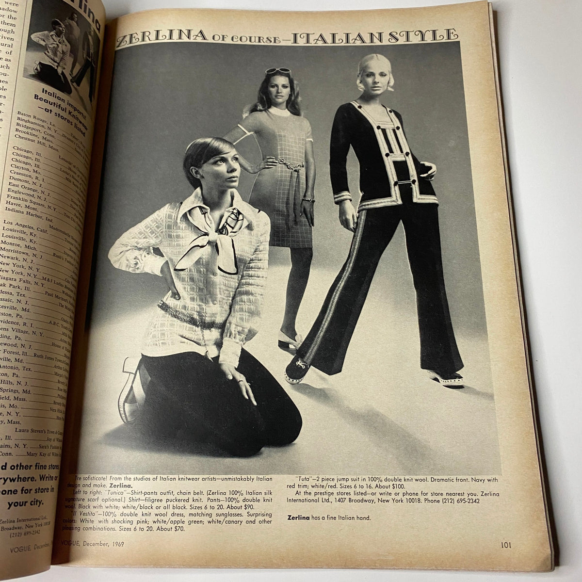 Fashion spread from Vogue Magazine December 1969 featuring models in striking outfits, illustrating Italian style and high fashion of the era.