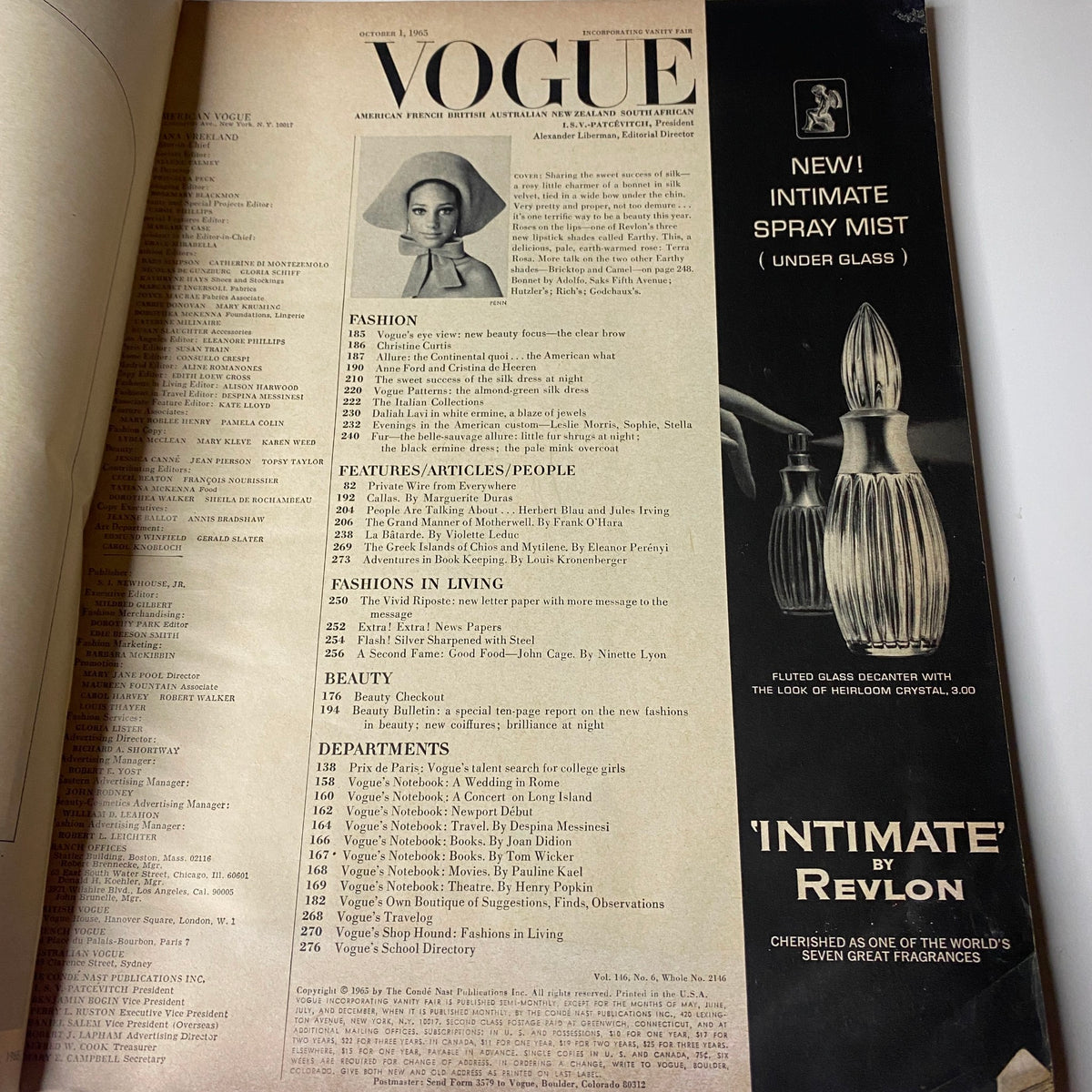 Table of contents from Vogue Magazine October 1, 1965 featuring articles on fashion, beauty, and features by notable writers, including Marguerite Duras.