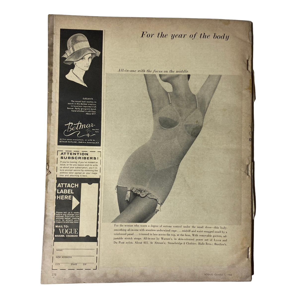 Back page of Vogue Magazine October 1, 1965, highlighting fashion trends with a black and white image of a body shaper and an advertisement for Bethmar. This collectible issue includes Marisa Berenson on the cover and is considered a significant piece of mid-1960s fashion history.