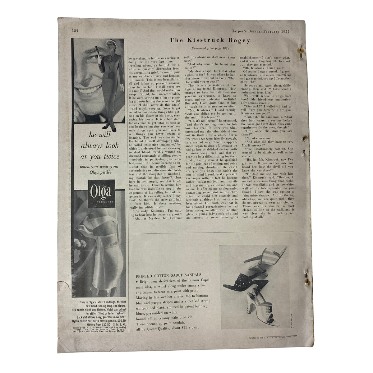 Interior page 184 from Harper's Bazaar Magazine February 1955 showcasing an article titled 'The Kisstruck Bogey' with a stylish image of sandals, reflecting mid-century fashion trends.