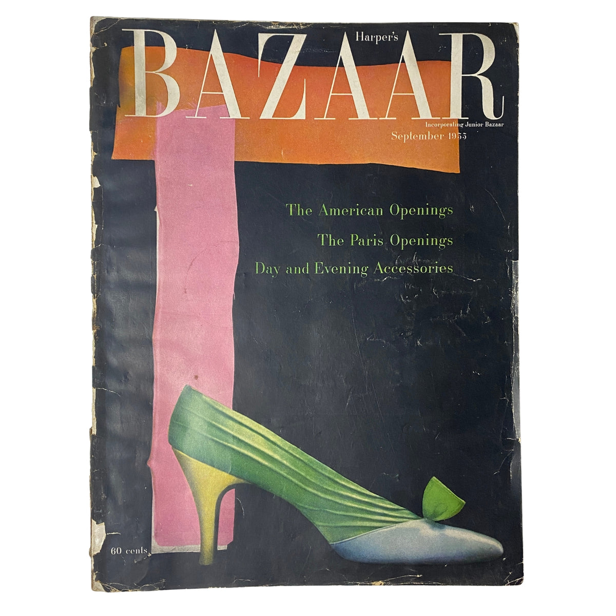 Cover of Harper's Bazaar Magazine September 1955 featuring The American Openings and The Paris Openings, showcasing a stylish green shoe against a vibrant background.