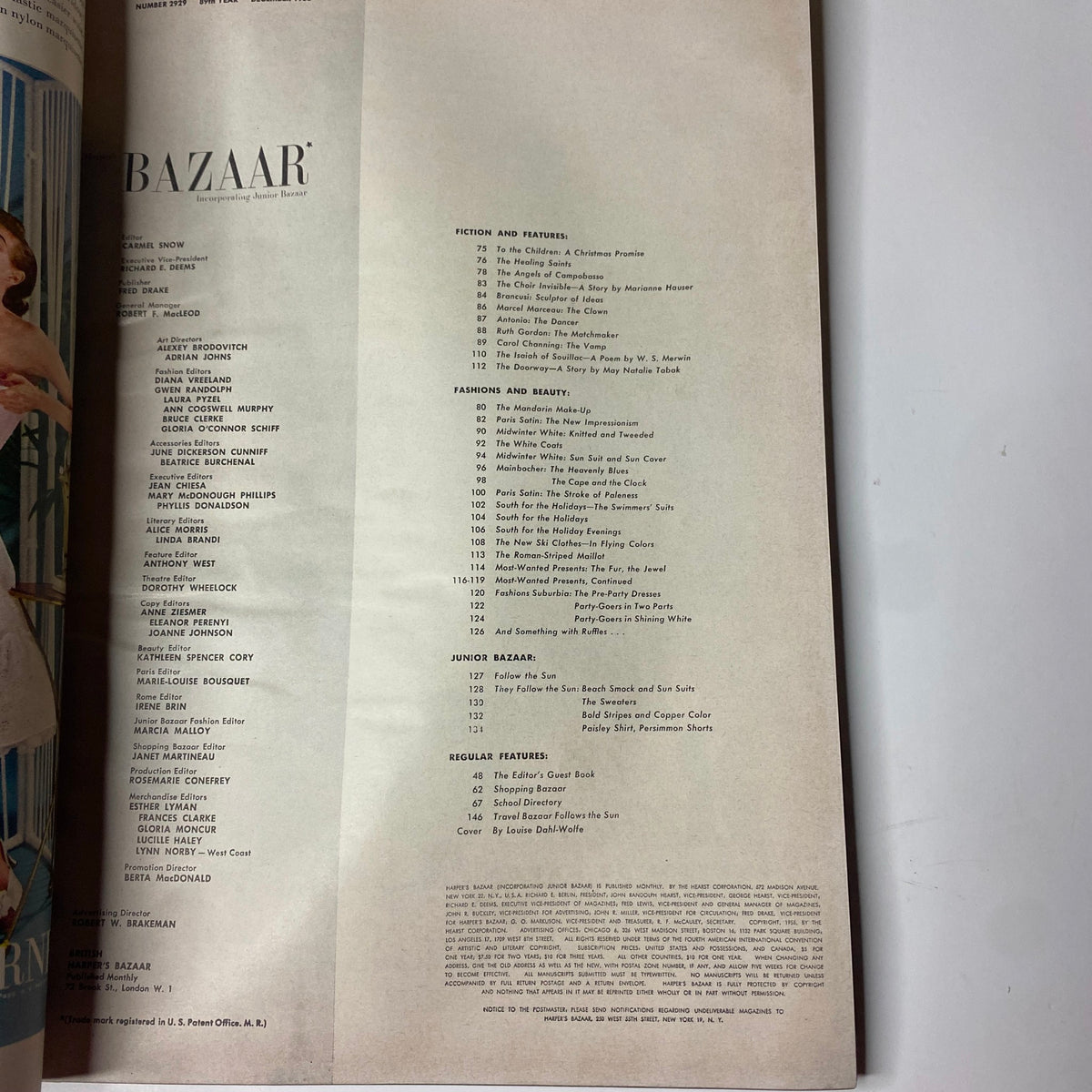 Inside page of Harper's Bazaar Magazine December 1955, presenting the table of contents, showcasing articles and features related to fashion and beauty.