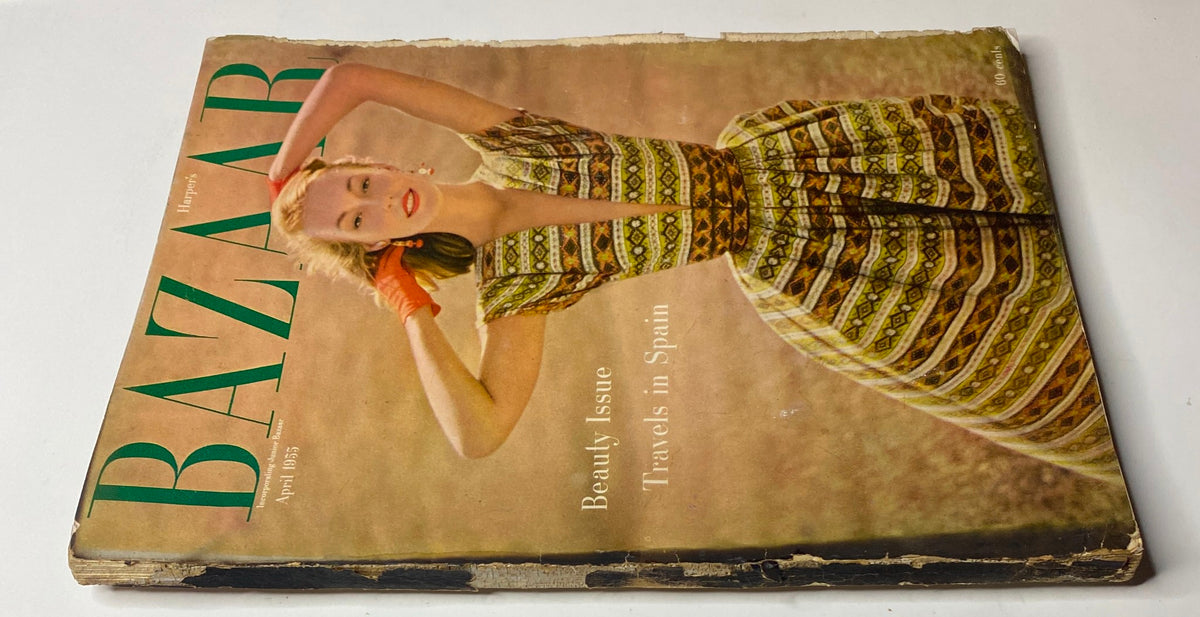 Side view of Harper's Bazaar Magazine April 1955 with Liz Pringle on the cover, emphasizing its classic mid-century style and condition.