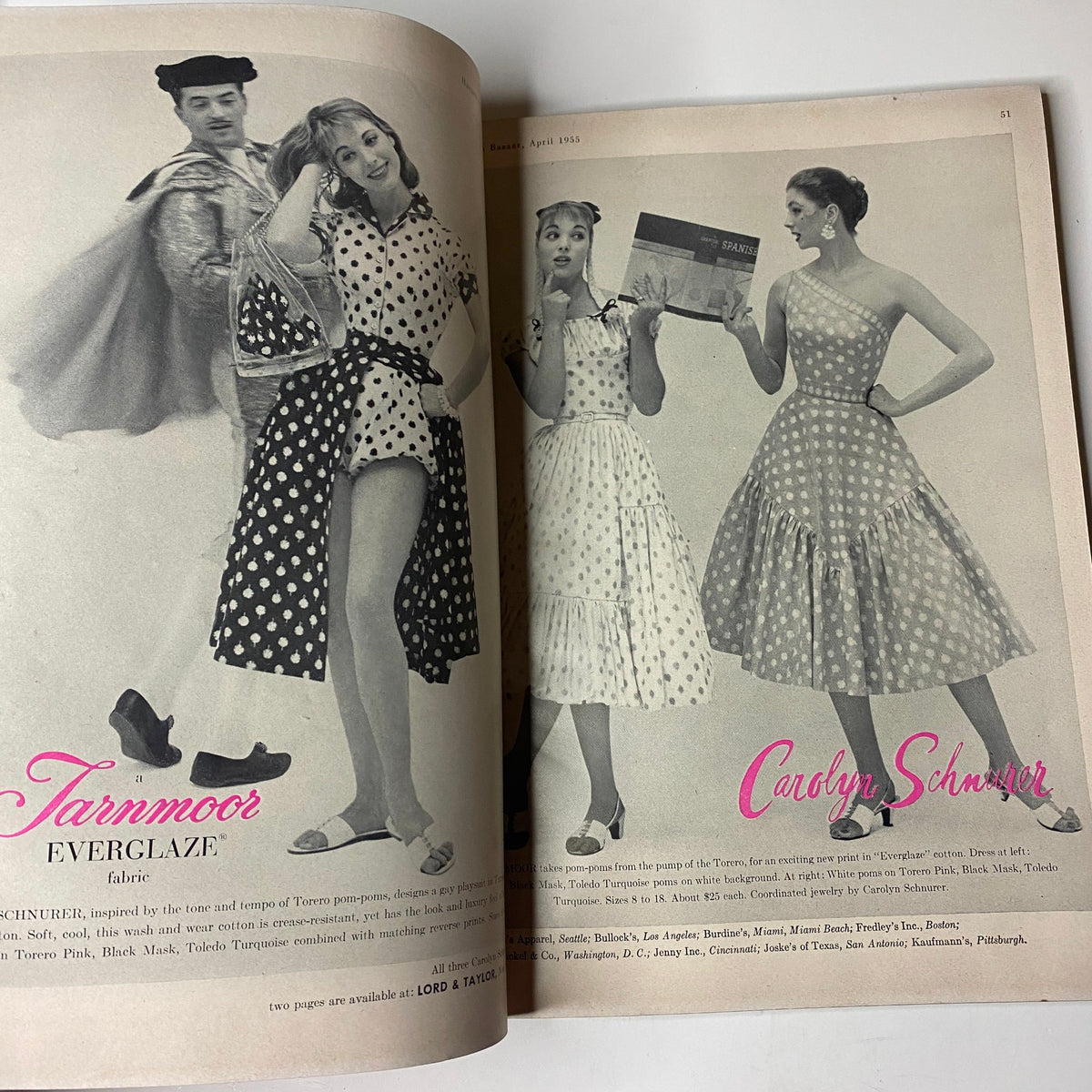 Fashion editorial page from Harper's Bazaar Magazine April 1955 with models showcasing polka dot dresses by Tarnmoor and Carolyn Schnurer, highlighting mid-century style.