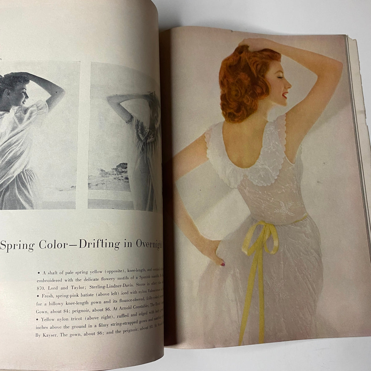 Illustration of a model in delicate spring nightwear, featuring soft spring colors in Harper's Bazaar Magazine April 1955, emphasizing seasonal fashion trends.