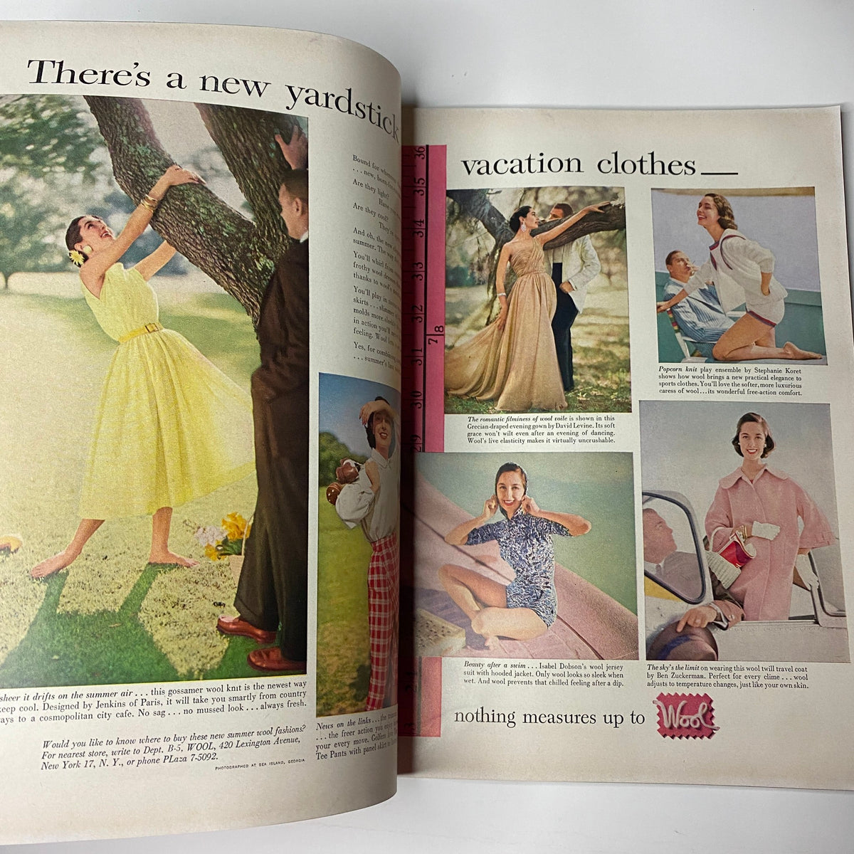Two-page spread from Harper's Bazaar Magazine May 1955 showcasing vacation clothing styles, representing mid-century summer fashion trends in vibrant settings.