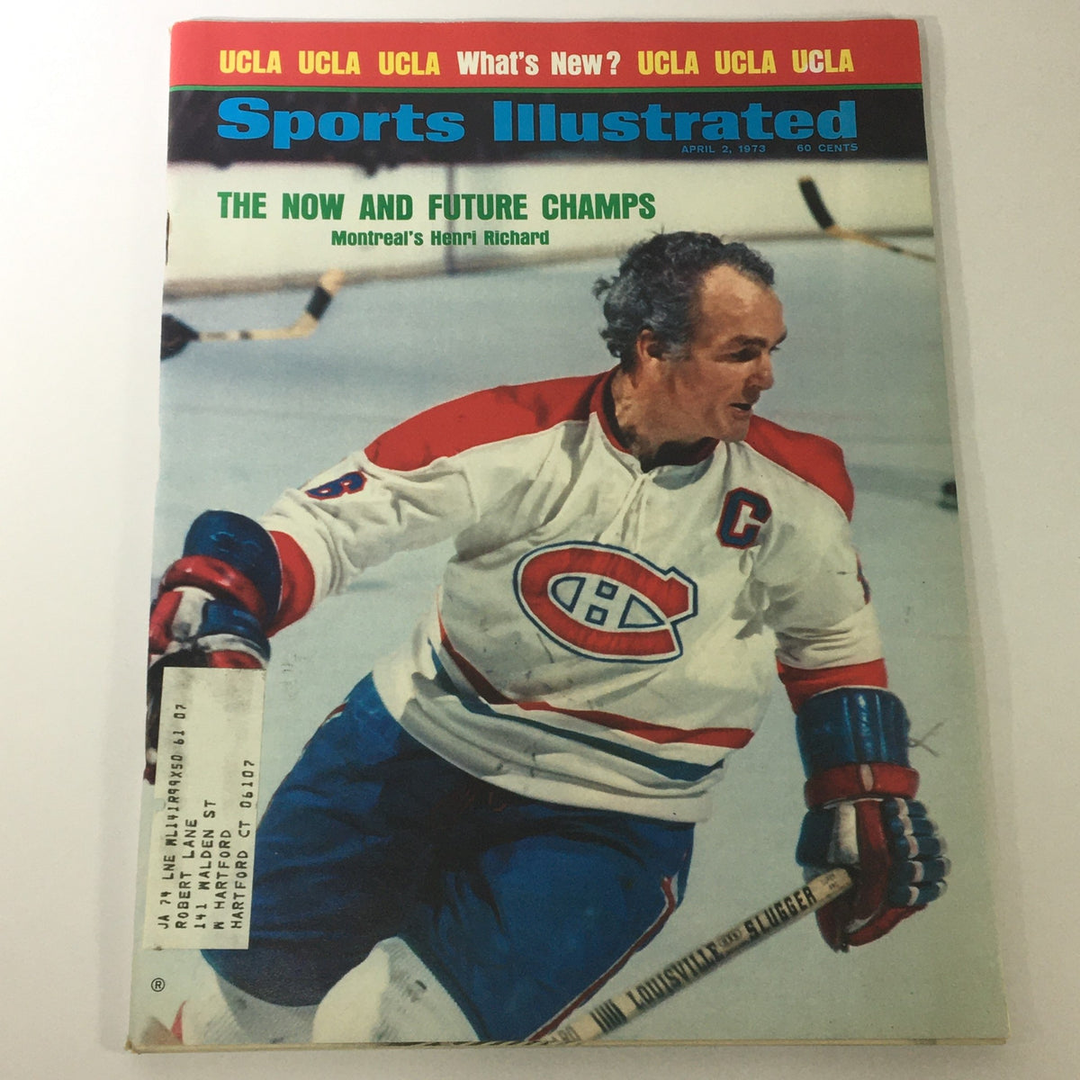 Vintage Sports Illustrated magazine cover from April 2, 1973 featuring Montreal's Henri Richard, showcasing hockey memorabilia and sports history.