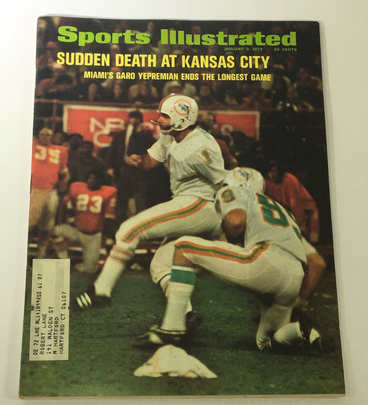 Cover of the Sports Illustrated magazine from January 3, 1972, featuring Miami's Garo Yepremian, discussing the historic 'sudden death' game at Kansas City.