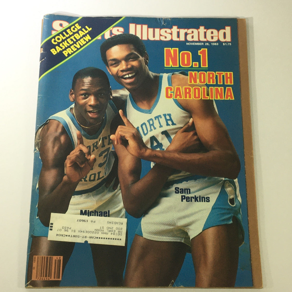 VTG Sports Illustrated Magazine November 28 1983 featuring Michael Jordan and Sam Perkins on the cover, showcasing their iconic college basketball preview.