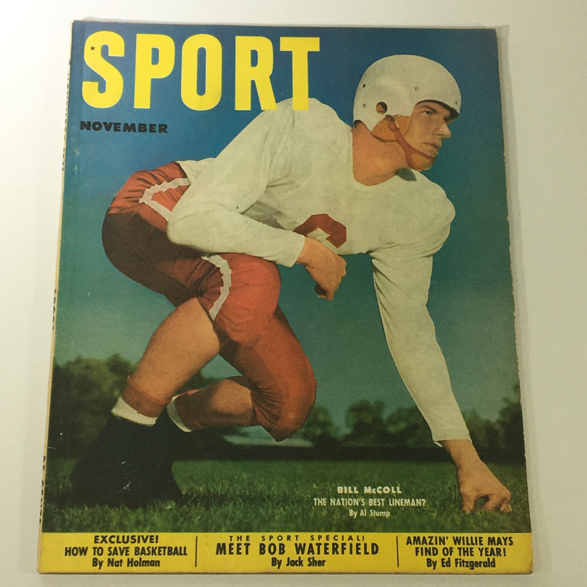 Cover of VTG Sport Magazine November 1951 featuring Bill McColl in a football uniform and Bob Waterfield, showcasing iconic sports history with vibrant colors and vintage design.