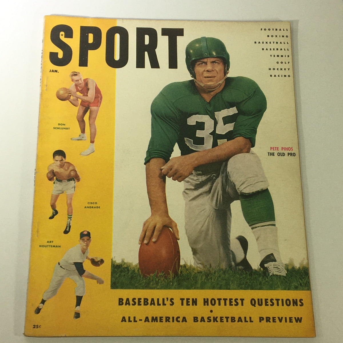 Cover of VTG Sport Magazine January 1955 featuring Pete Pihos in football gear, alongside athletes Don Schlundt and Cisco Andrade. Highlights baseball's ten hottest questions and an All-America basketball preview.