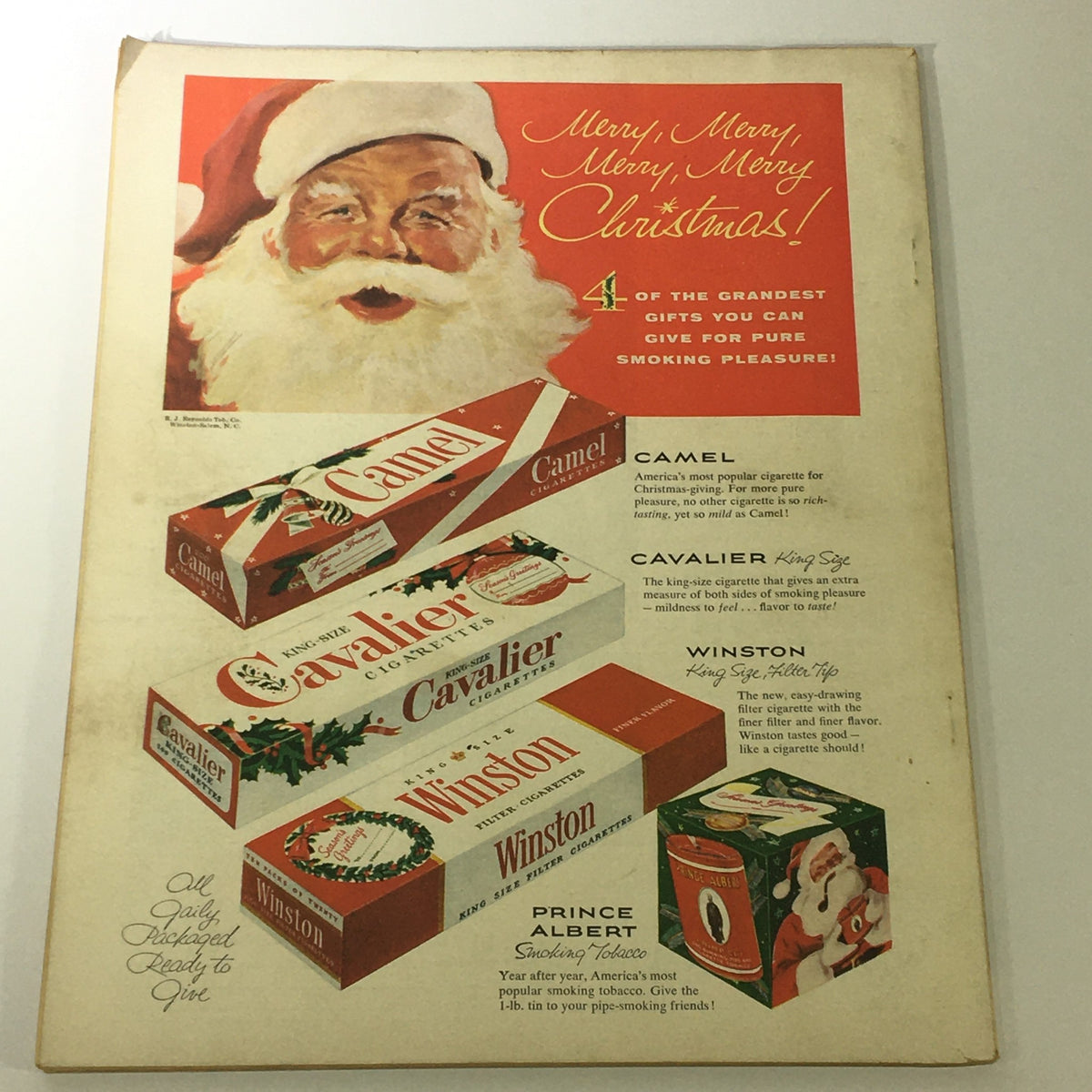 Advertisement page from VTG Sport Magazine January 1955 featuring a Christmas greeting and cigarette brands Camel, Cavalier, Winston, and Prince Albert, illustrating vintage marketing styles.