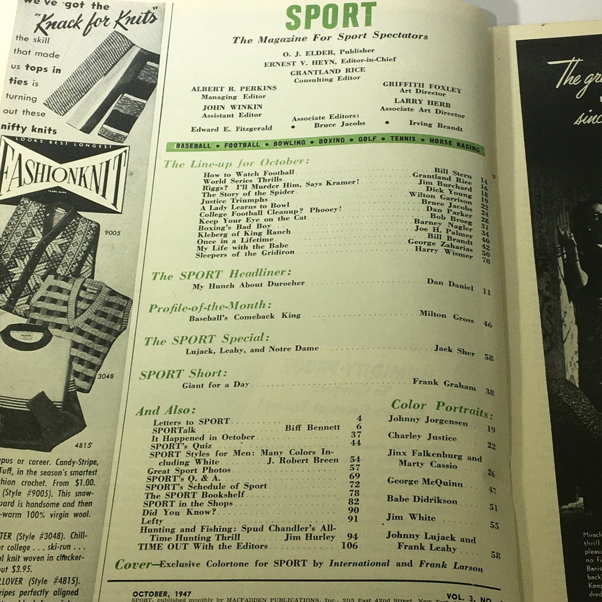 Contents page of the October 1947 issue of VTG Sport Magazine, detailing articles including profiles and features on prominent sports figures.