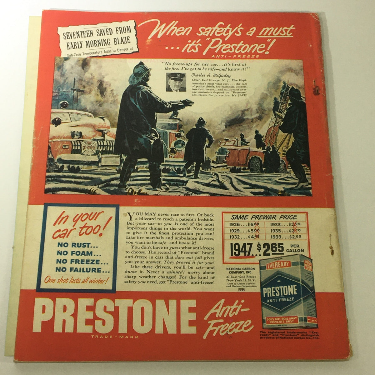 Back cover of the October 1947 VTG Sport Magazine featuring an advertisement for Prestone anti-freeze, emphasizing safety and reliability.