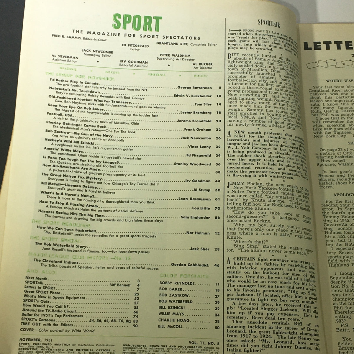 Interior page of VTG Sport Magazine November 1951 featuring table of contents, highlighting articles and features, including Bill McColl, the Nation's Best Lineman.