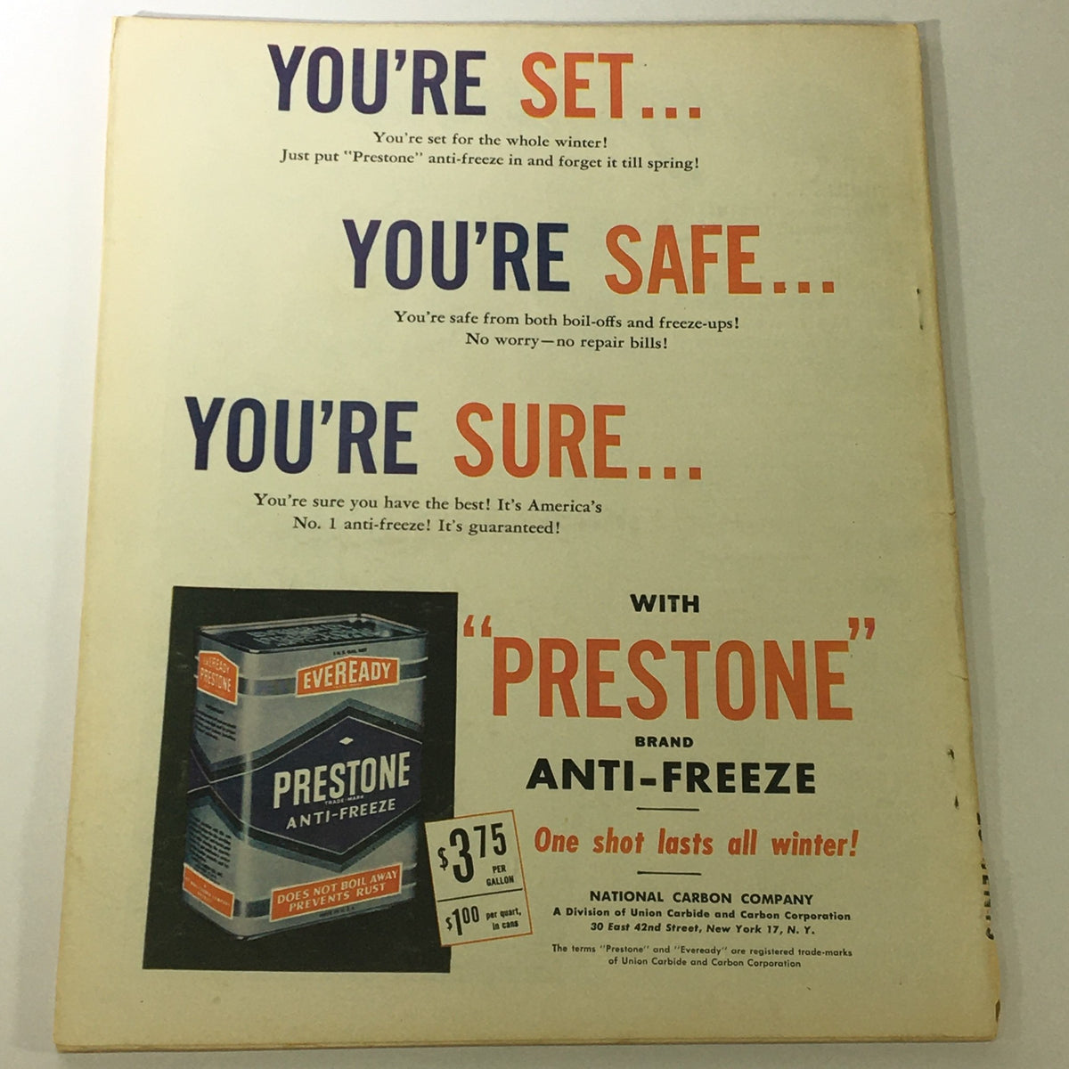 Advertisement page from VTG Sport Magazine November 1951 promoting Prestone anti-freeze, showcasing vintage advertising design.