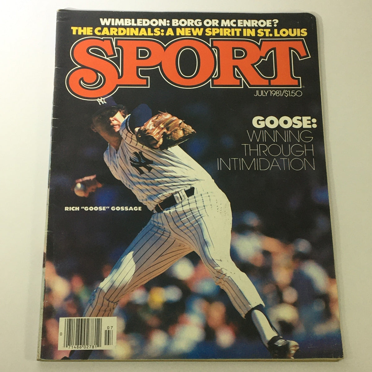 Cover of the VTG Sport Magazine July 1981 featuring Rich "Goose" Gossage, showcasing a baseball pitcher in action. The cover includes headlines about Wimbledon and the St. Louis Cardinals, highlighting its significance in sports history.