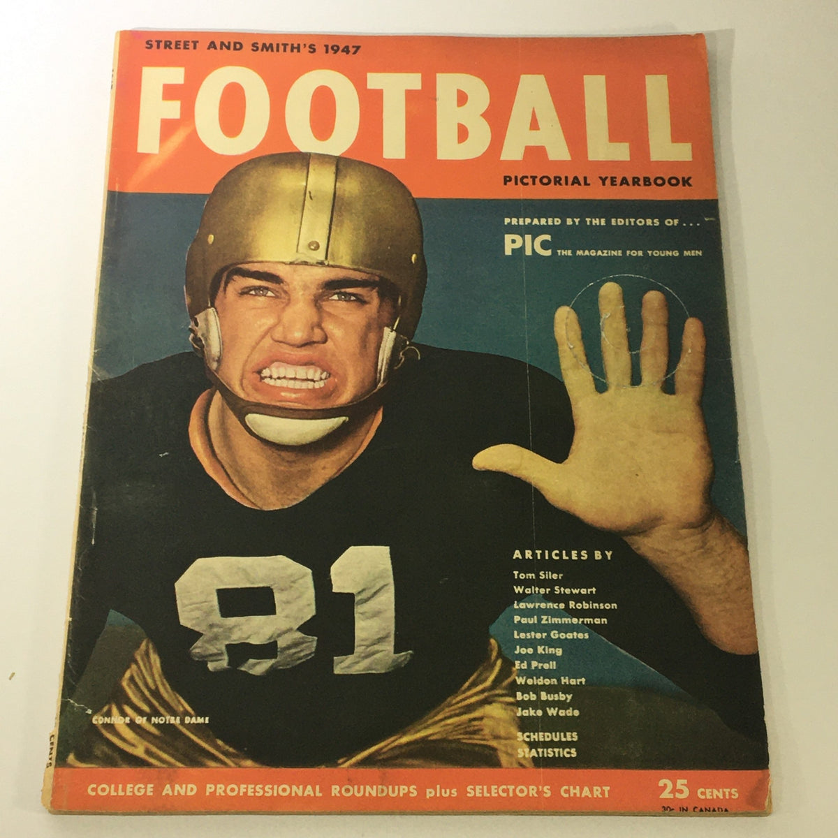 Cover of Street & Smith's Football Pictorial Yearbook 1947 featuring a player in a vintage football helmet and jersey, capturing the essence of college football history.