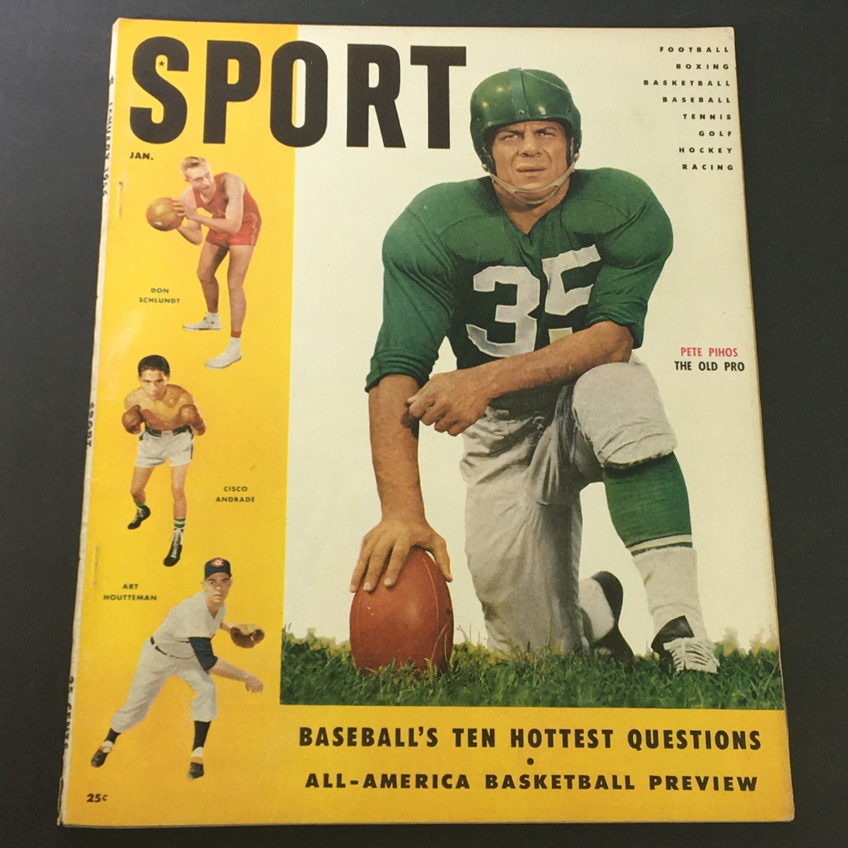 VTG Sport Magazine January 1955 featuring Pete Pihos, Don Schlundt, and Art Houtteman on the cover, showcasing mid-20th century sports culture.