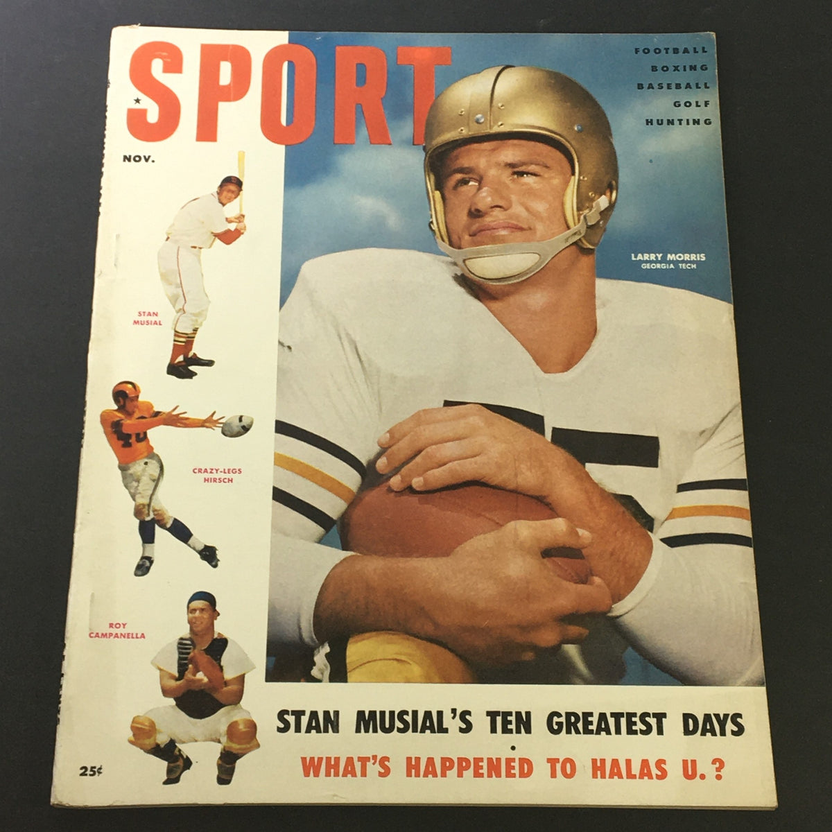 Vintage Sport Magazine from November 1954 featuring Larry Morris on the cover, showcasing baseball legends including Stan Musial, Crazy-Legs Hirsch, and Roy Campanella, perfect for sports memorabilia collectors.