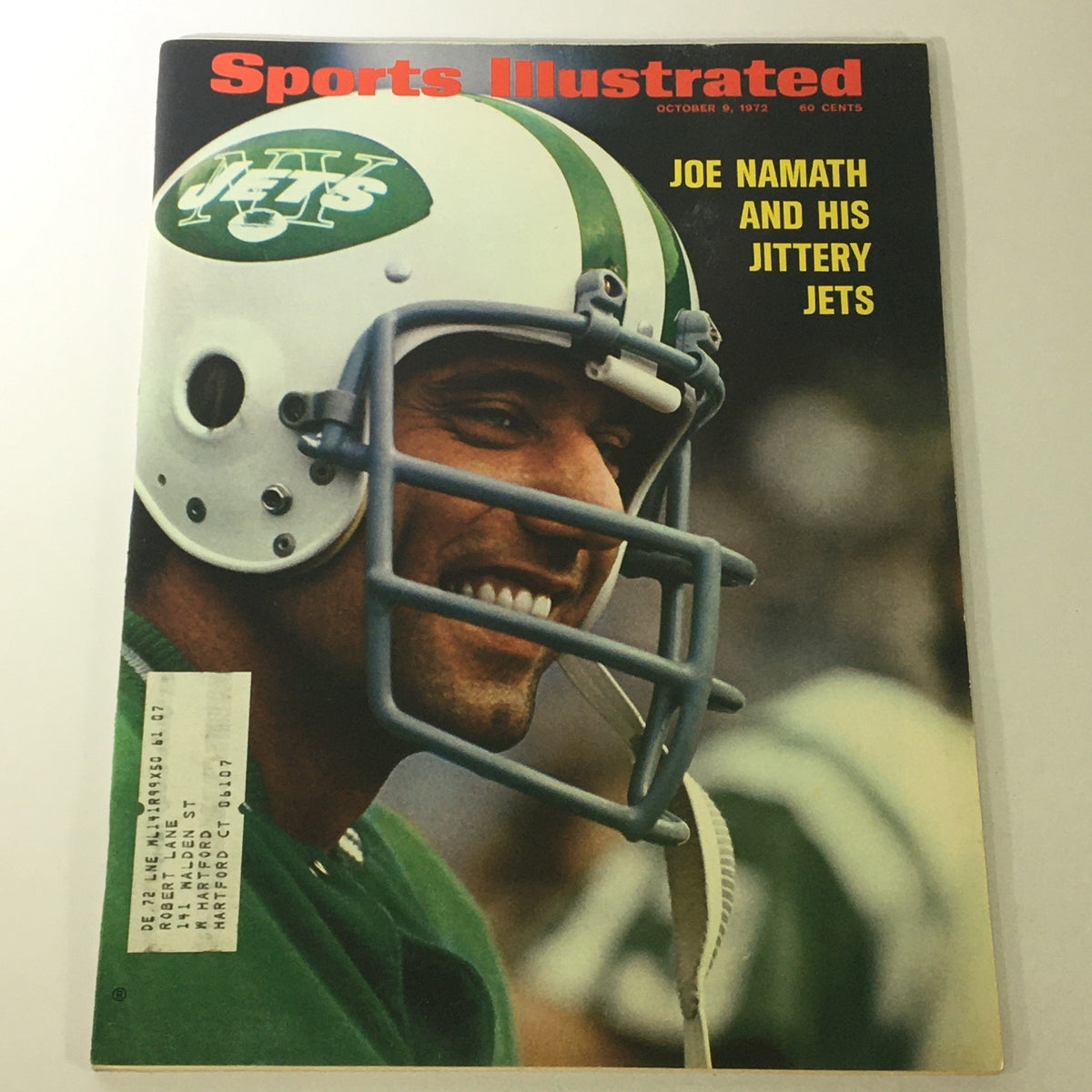 Cover of Sports Illustrated Magazine from October 9, 1972, featuring Joe Namath & His Jittery Jets. The magazine displays Joe Namath smiling in his New York Jets helmet, encapsulating the spirit of 1970s NFL culture.