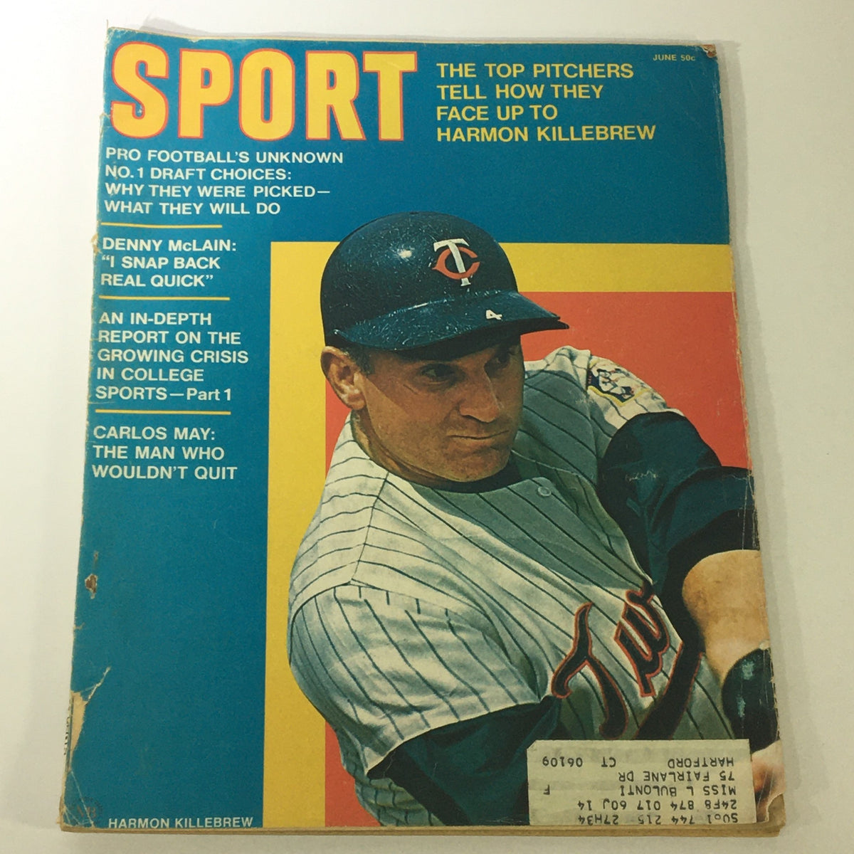 Cover of VTG Sport Magazine June 1970 Vol 49 #6 featuring Harmon Killebrew, showcasing baseball history with headlines about top pitchers and insights into sports culture.