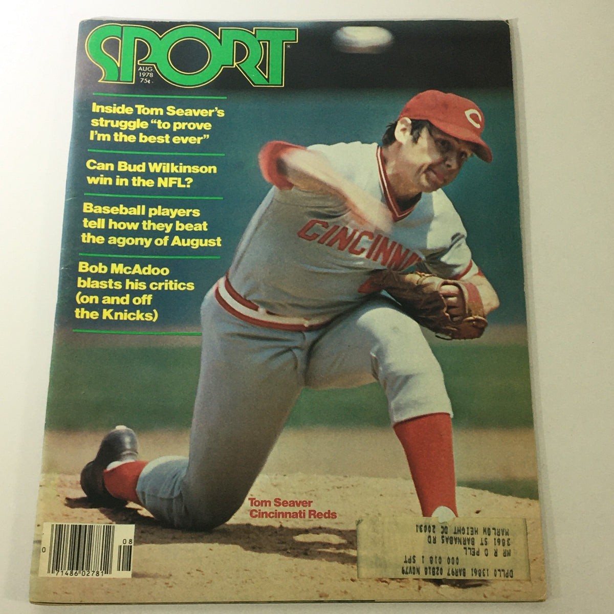 Vintage Sport Magazine cover from August 1978 featuring Tom Seaver of the Cincinnati Reds, showcasing headlines about his performance and other sports stories.