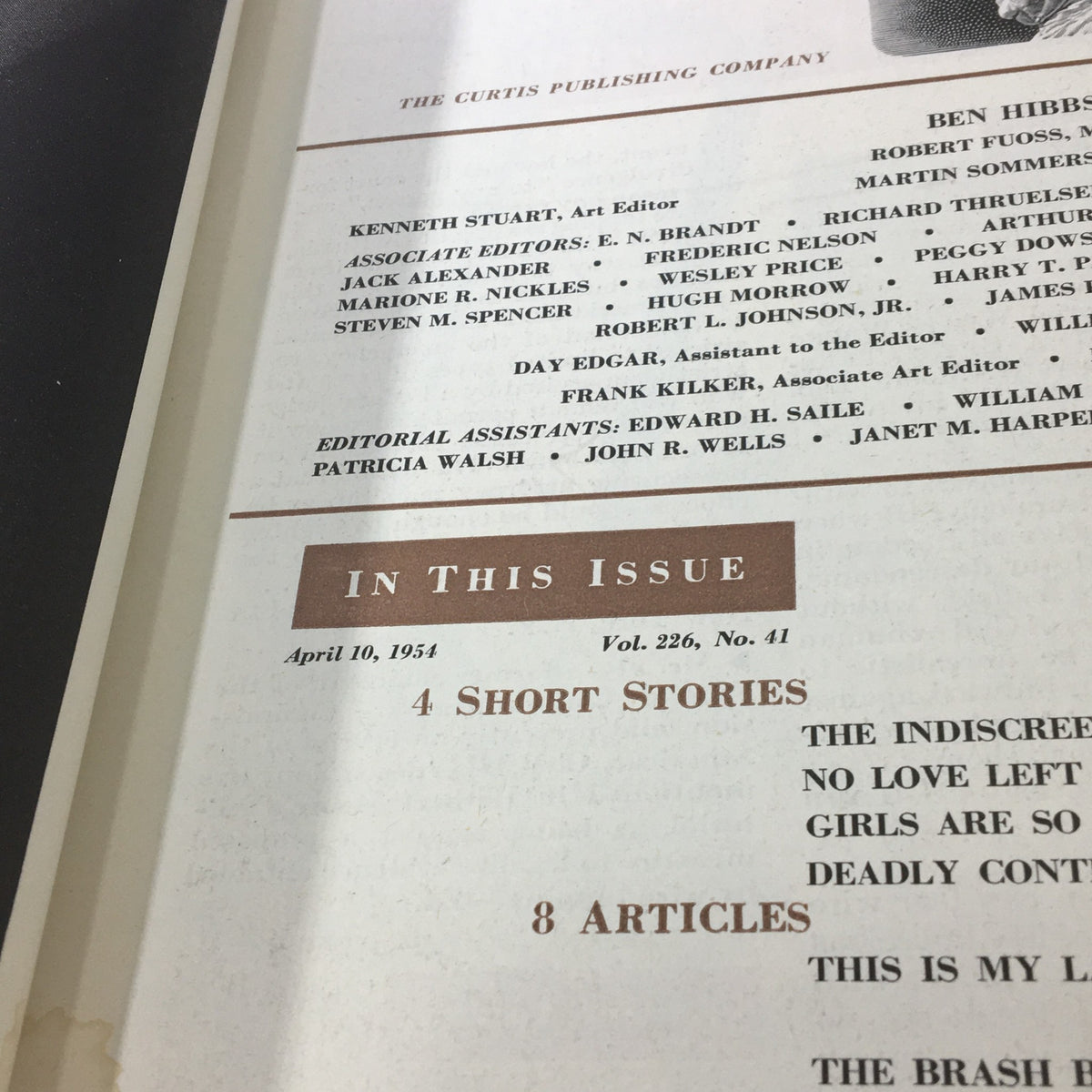 Detailed view of the contents page from the VTG The Saturday Evening Post April 10 1951, listing short stories and articles featured in the magazine.