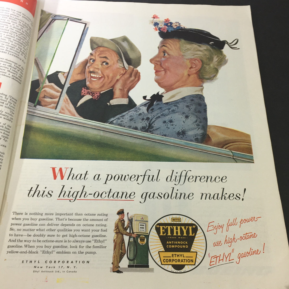 Vintage advertisement from VTG The Saturday Evening Post April 10 1951 showcasing the benefits of high-octane Ethyl gasoline.