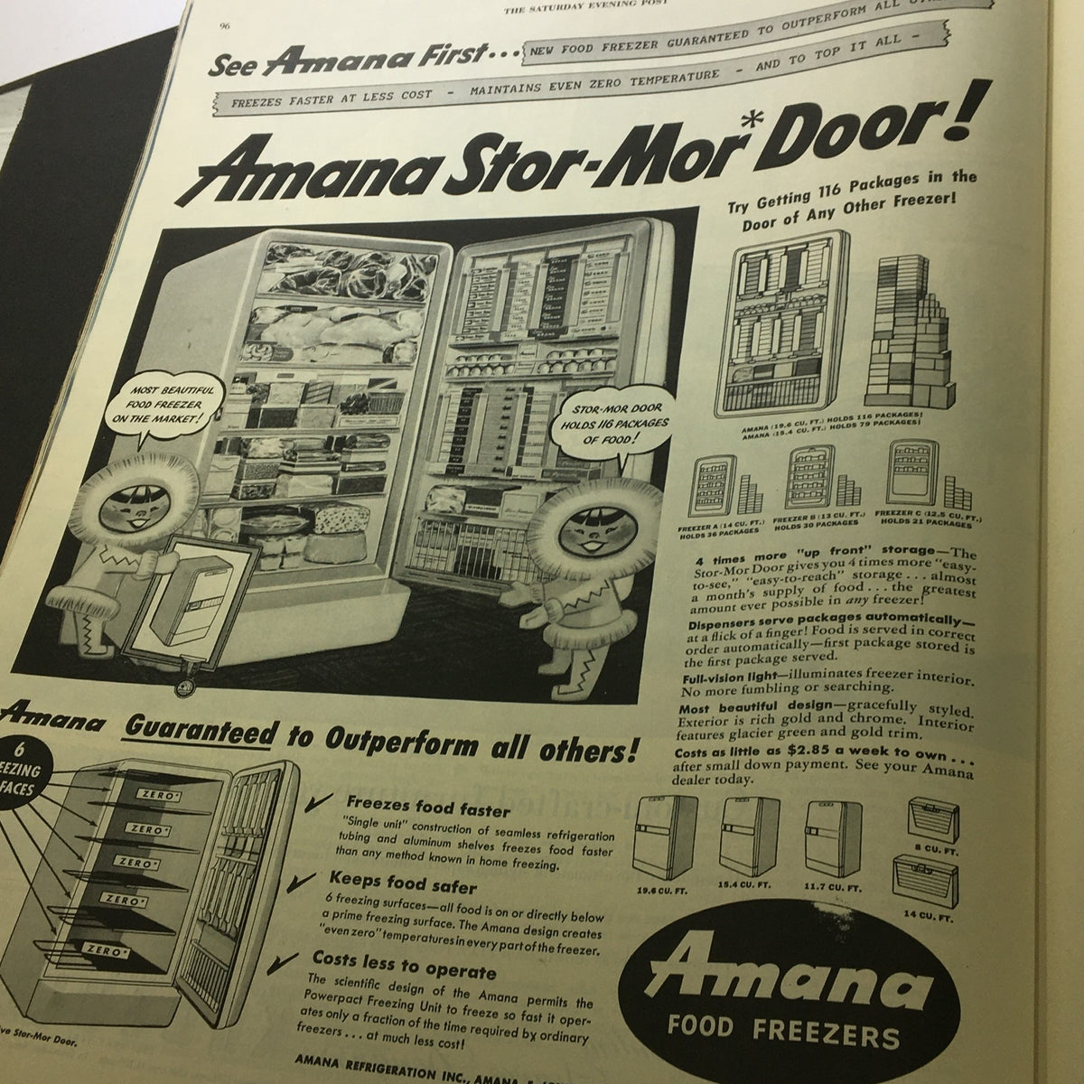 Vintage Amana food freezer advertisement from The Saturday Evening Post, detailing innovative storage capacities and freezing features with playful illustrations.