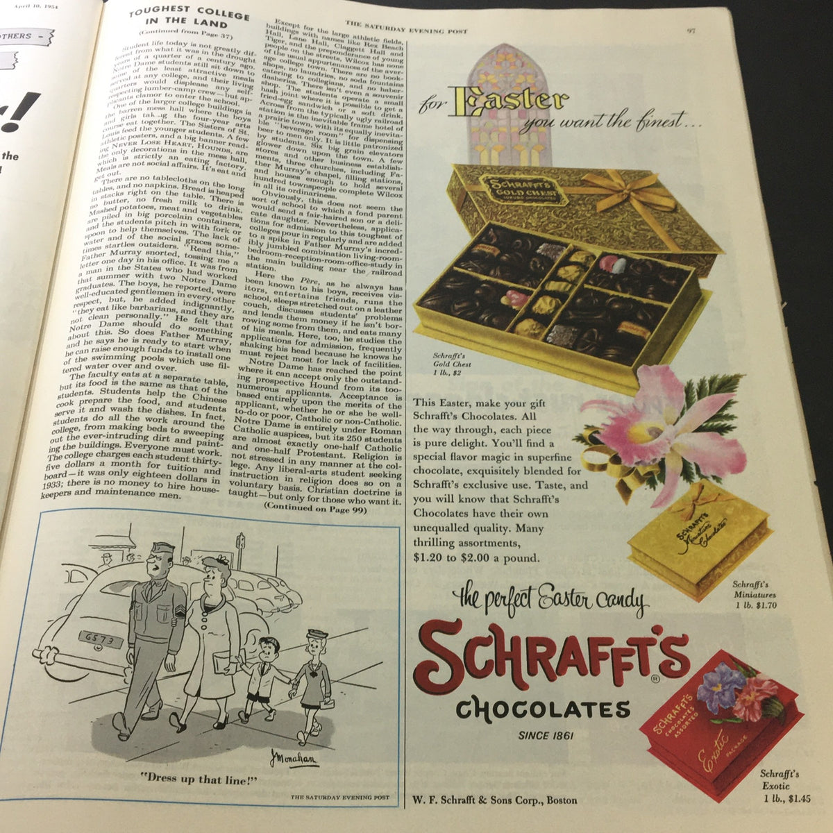 Schraffts Chocolates advertisement in The Saturday Evening Post, highlighting gourmet chocolate assortments and Easter gift options.