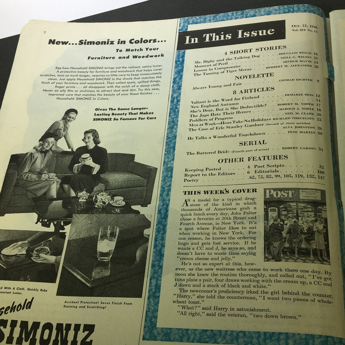Inside page of VTG The Saturday Evening Post October 12 1946 displaying the contents, illustrating stories and articles featured in the magazine.