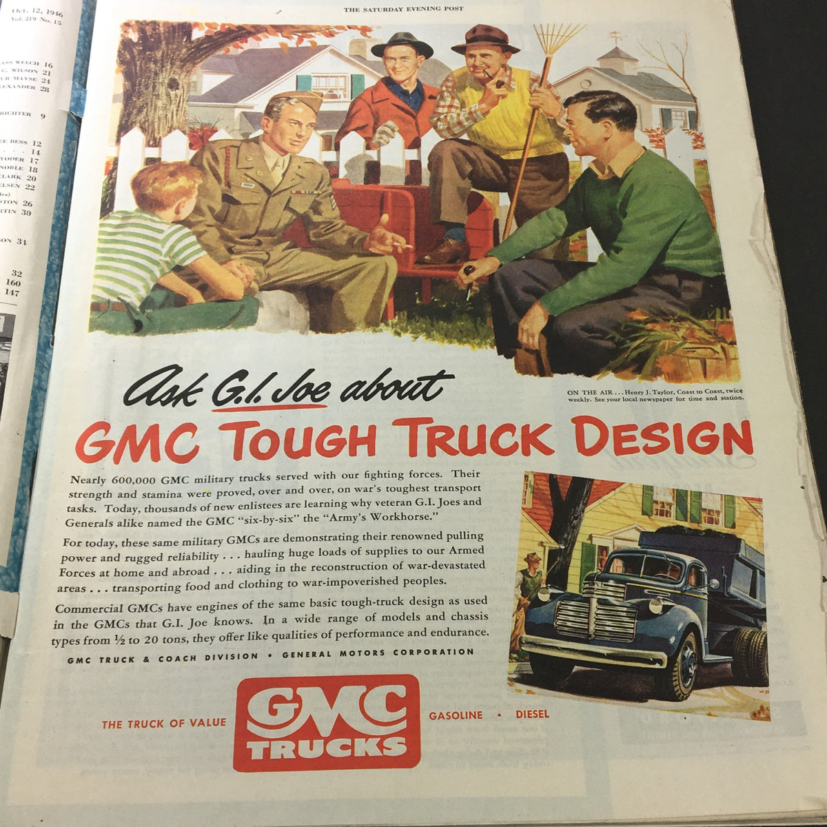 Vintage advertisement from The Saturday Evening Post October 12, 1946, featuring GMC trucks and G.I. Joe advice on tough truck design, showcasing 1940s Americana.