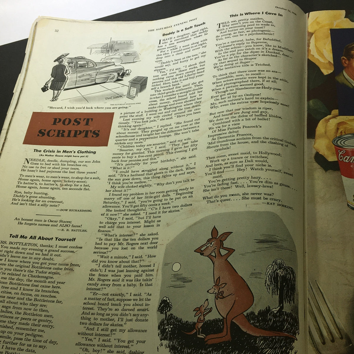 Page layout from The Saturday Evening Post October 12, 1946, containing humorous stories and illustrations, including a cartoon featuring kangaroos, providing a snapshot of 1940s American culture.
