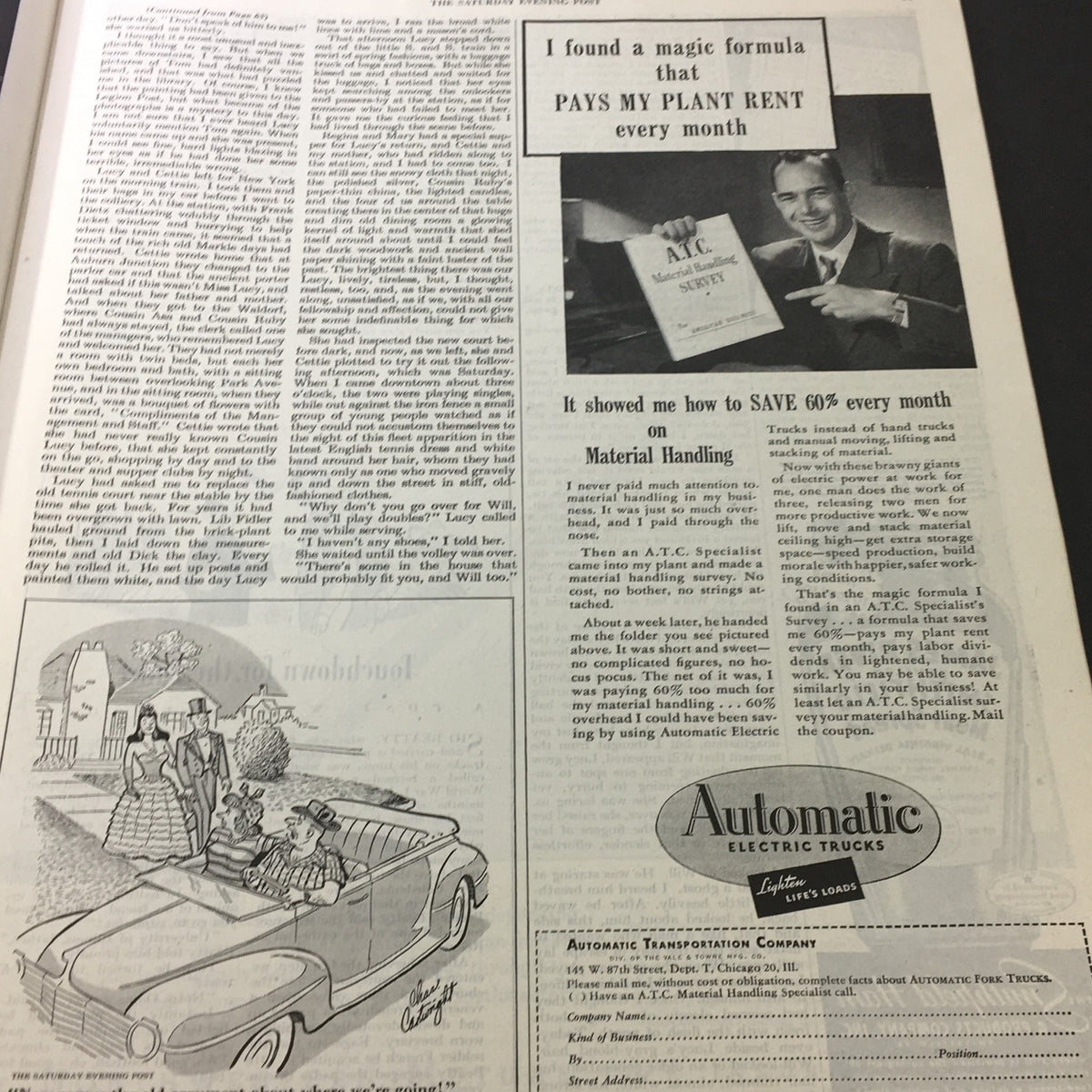 Article and advertisement page featuring a man holding a document in The Saturday Evening Post October 12 1946 Valiant Finland Word, Newsstand, discussing business and material handling.