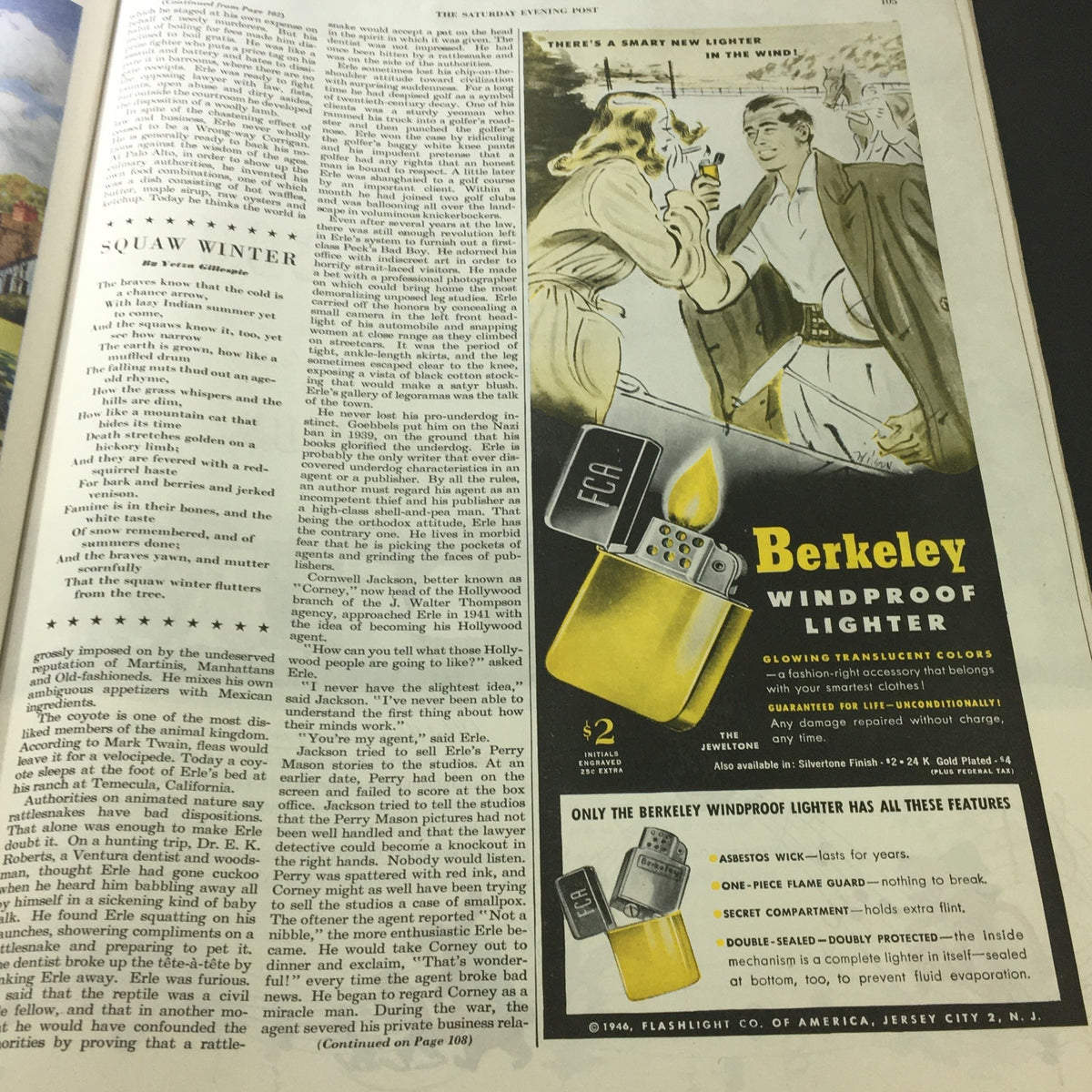 Berkeley Windproof Lighter advertisement featuring a couple in The Saturday Evening Post October 12 1946 Valiant Finland Word, Newsstand, highlighting stylish design and features.