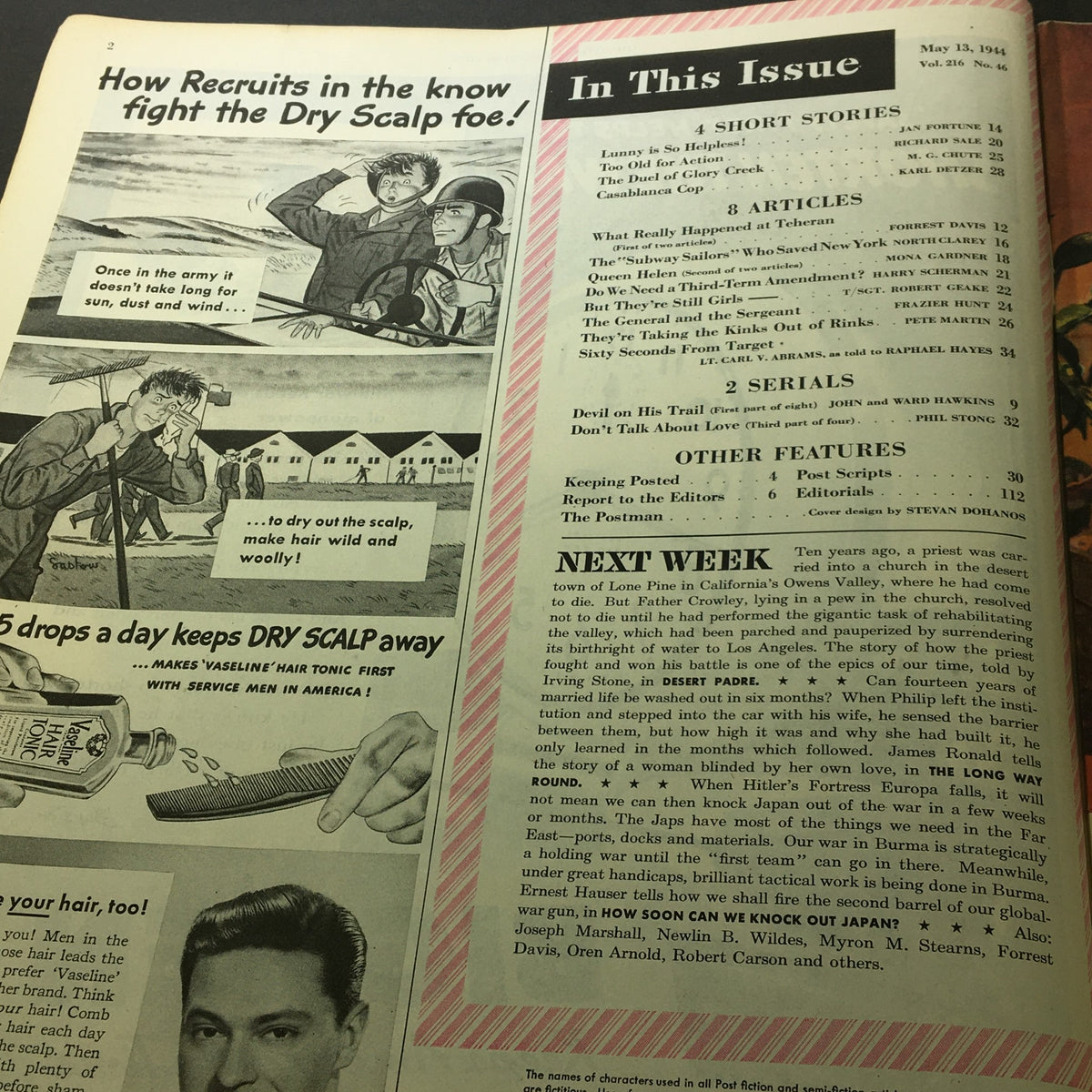 Interior page of VTG The Saturday Evening Post May 13 1944 showing contents, including features and articles such as 'Devil on His Trail'.