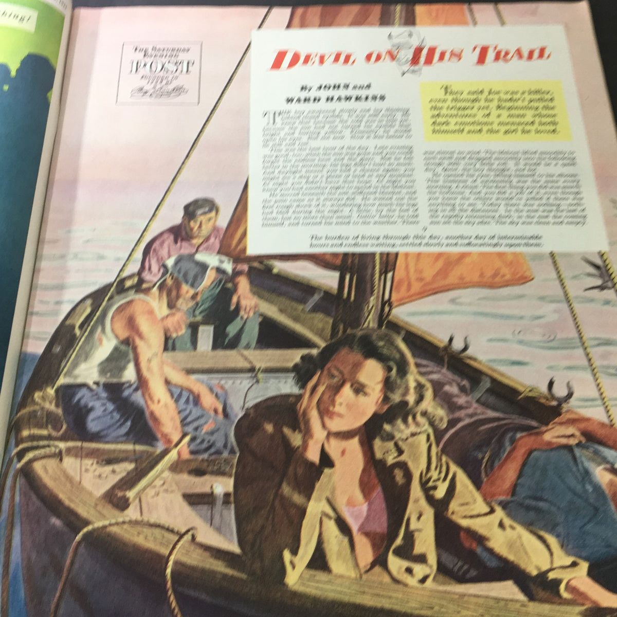 Interior page of VTG The Saturday Evening Post May 13 1944 showcasing the beginning of the story 'Devil on His Trail' with an illustration of characters in a boat.