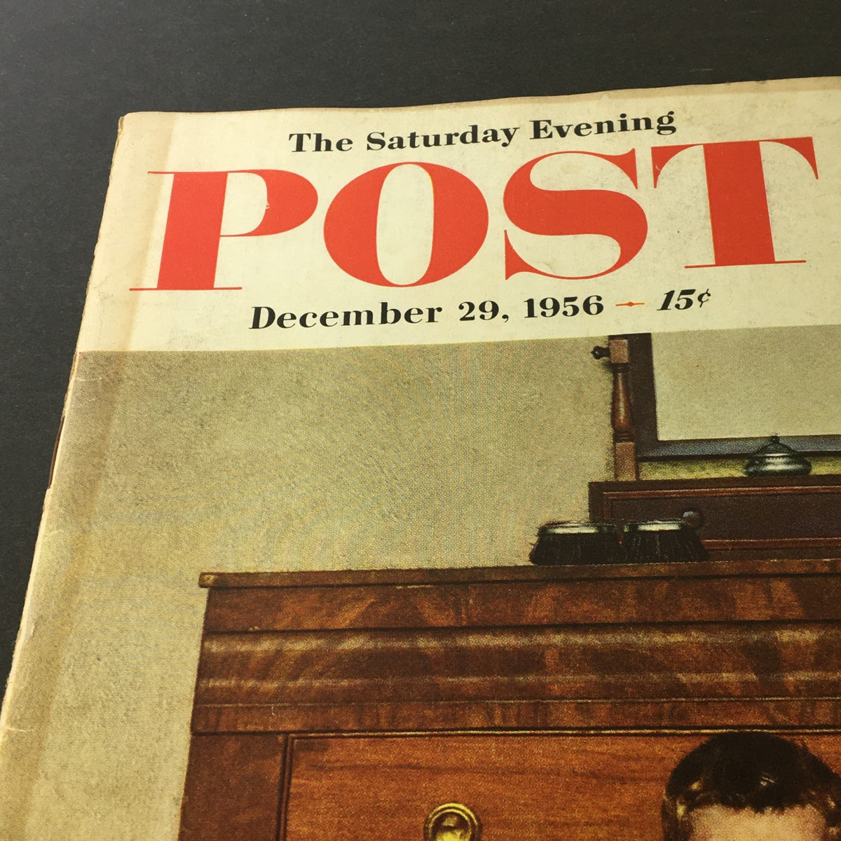 Close-up of the header from VTG The Saturday Evening Post December 29 1956 showing the magazine title and date with a price of 15 cents.