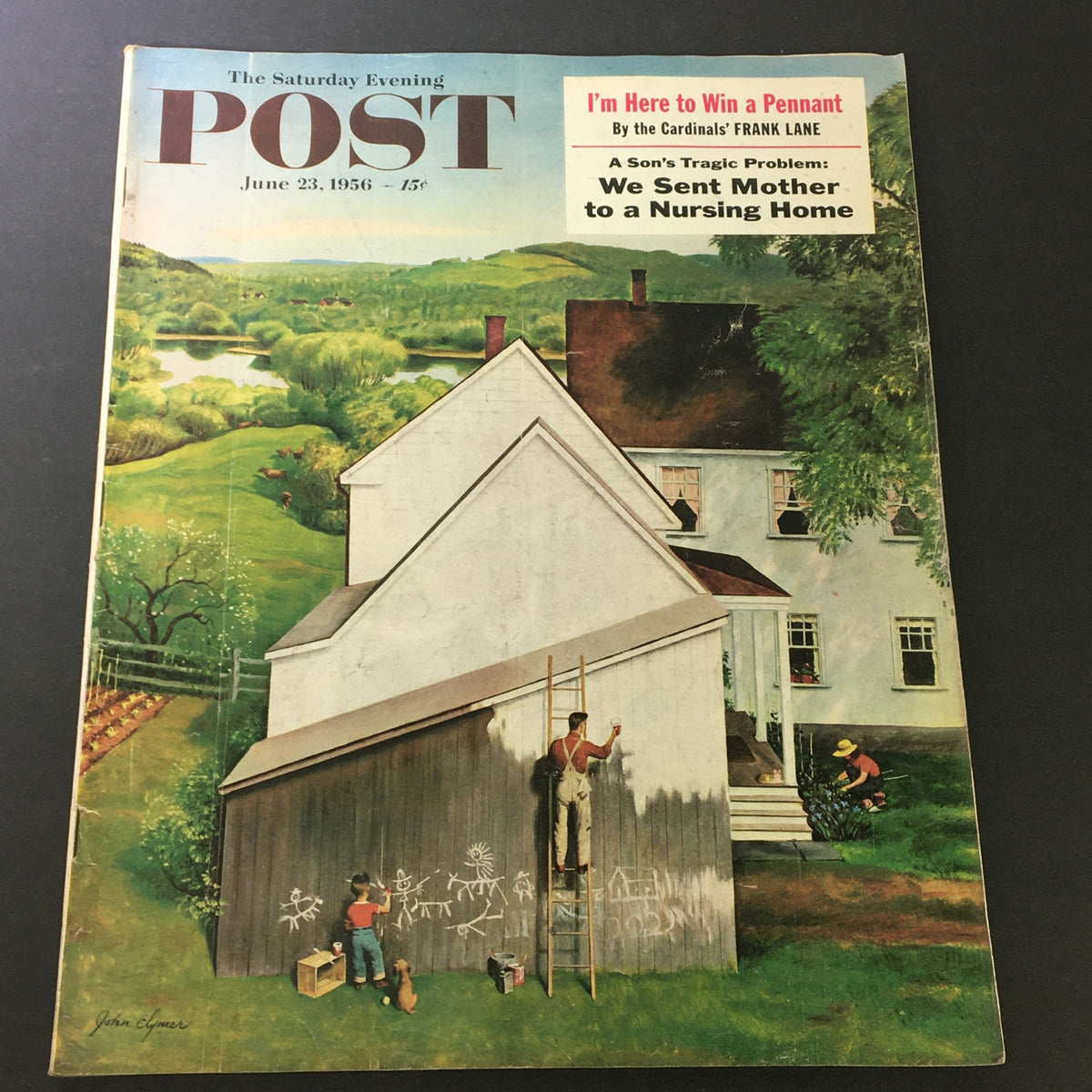 Vintage magazine cover of The Saturday Evening Post dated June 23, 1956, featuring a serene rural scene with children and adults painting a barn, highlighting 1950s American culture.