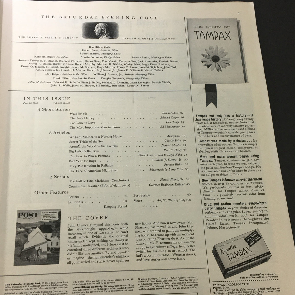 Interior page of VTG The Saturday Evening Post June 23 1956 featuring a table of contents and advertisements.