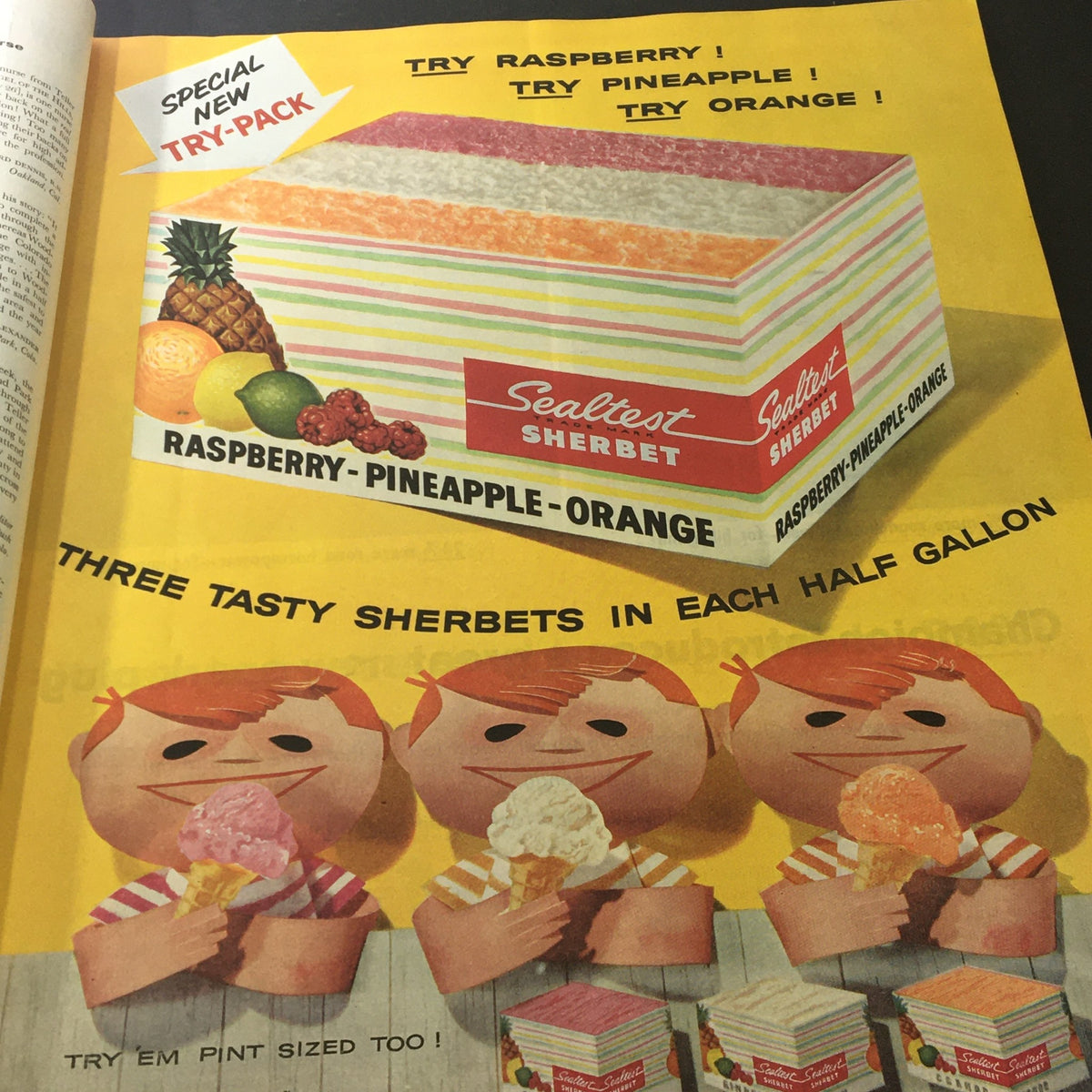 Advertisement for Sealtest Sherbet from VTG The Saturday Evening Post June 23 1956 highlighting three flavors with playful illustrations of children enjoying ice cream.