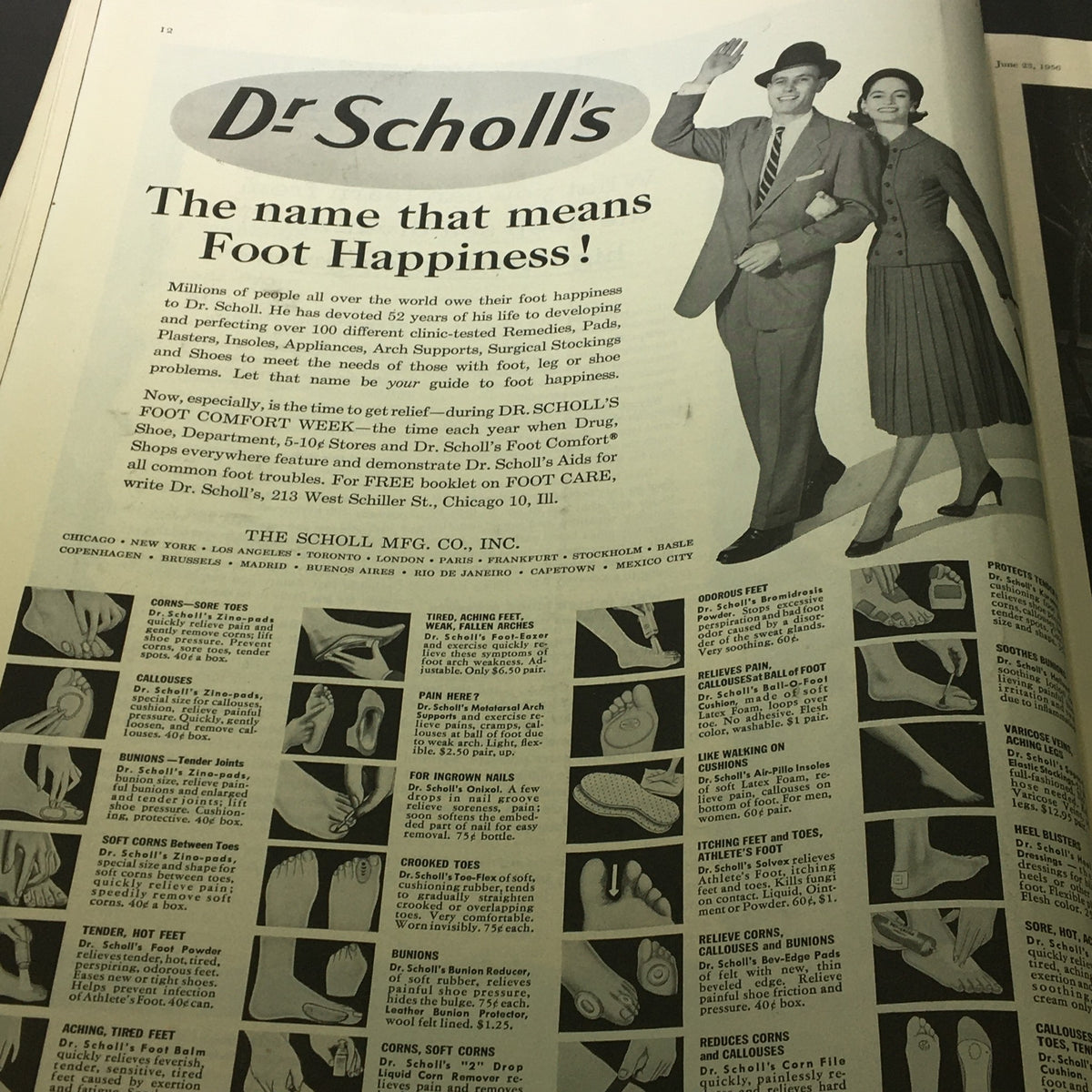 Promotional page for Dr. Scholl's foot care products from VTG The Saturday Evening Post June 23 1956 featuring a couple and detailed images of foot treatments.