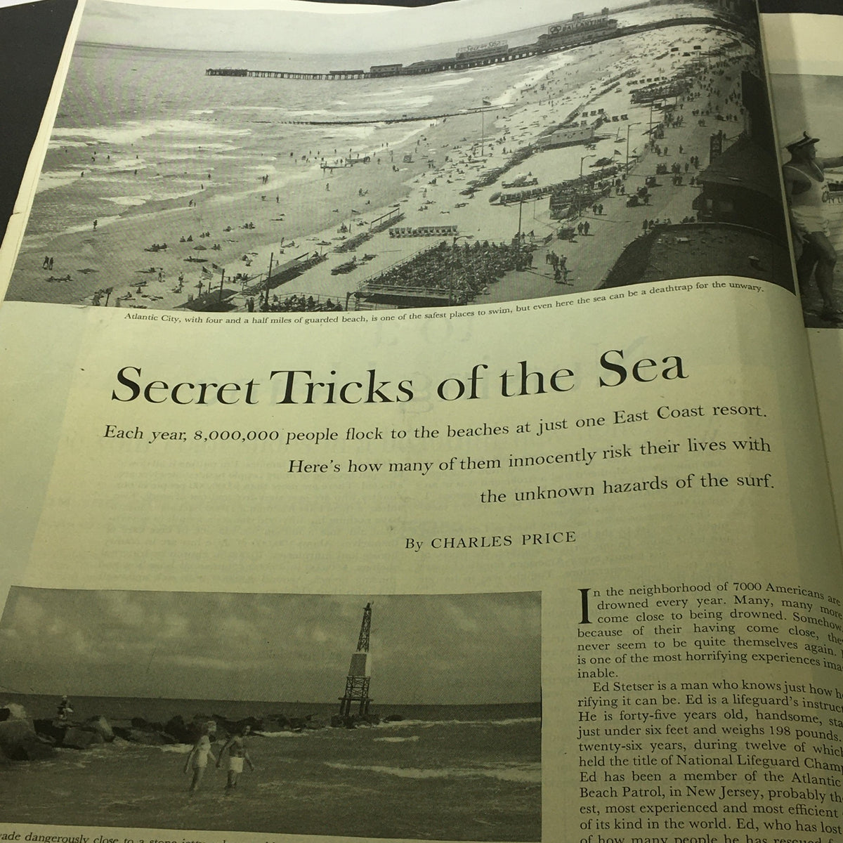 Image from VTG The Saturday Evening Post June 23 1956 showing a beach scene with people enjoying the sun, accompanied by an article titled 'Secret Tricks of the Sea' discussing coastal hazards.